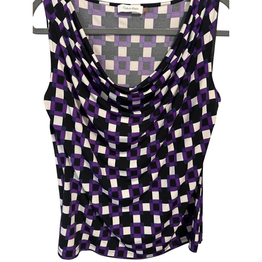 Calvin Klein XL purple abstract design draped cowl neck sleeveless silky top